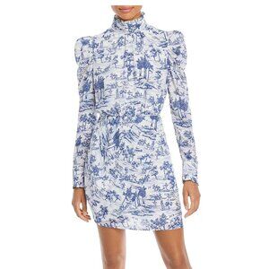 AQUA Blue and White Toile Puff Sleeve Long Sleeve Mini Cocktail Dress Large